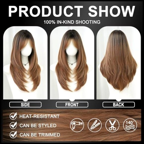Layered Synthetic Wig with Bangs Heat Resistant Fiber Adjustable Cap Daily Wear